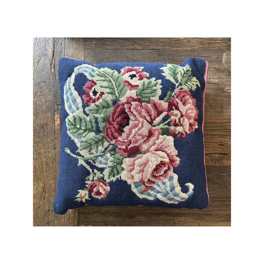 Vintage Floral Needlepoint Rose Accent Pillow Navy Blue Pink Velvet Trim Square